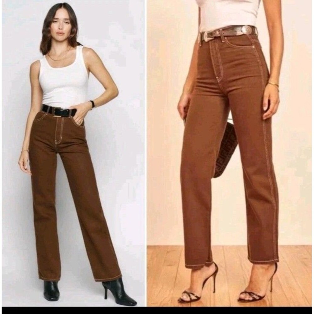 Reformation 30x28 Cowboy High Rise Straight Jeans Brown Contrast Stitch Pants